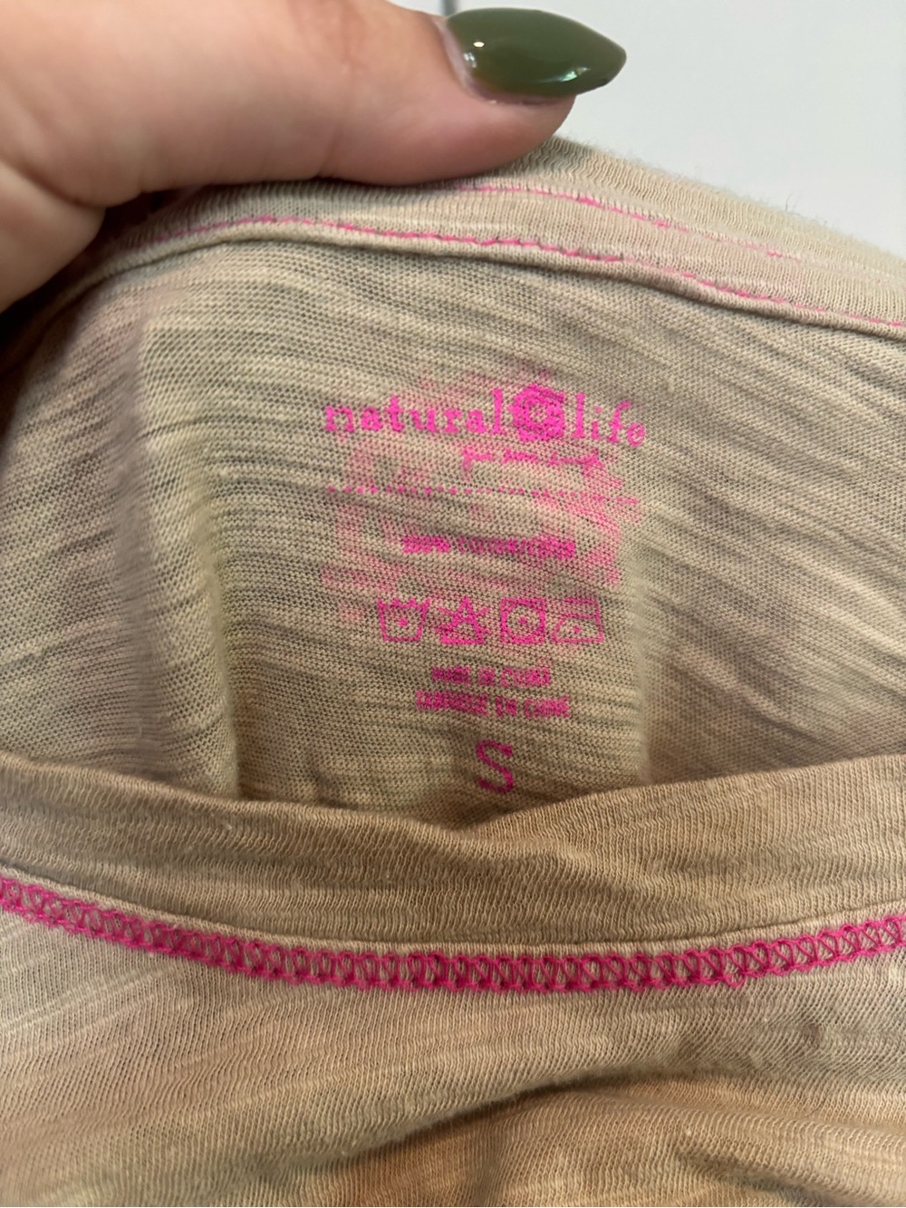 NATURAL LIFE Beige Short Sleeve Tee with Pink & Orange Floral Embroidery - Picture 2 of 3